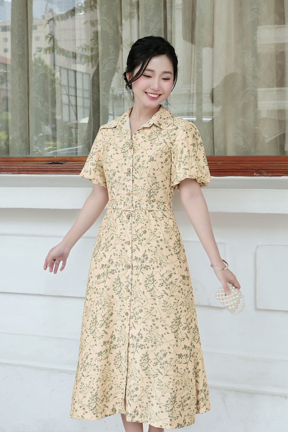 dam-hoa-nhi-dang-xoe-dai-phoi-that-lung-kk179-03 Đầm hoa nhí dáng xòe dài phối thắt lưng Kk179-03