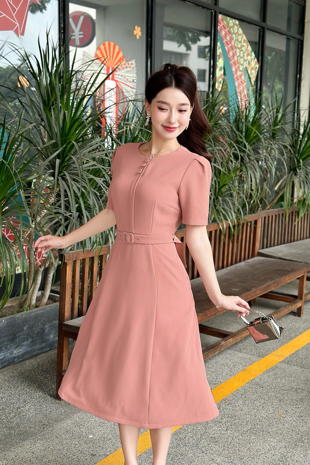 dam-hong-dang-xoe-phoi-that-lung-kk181-21 Đầm hồng dáng xoè phối thắt lưng KK181-21
