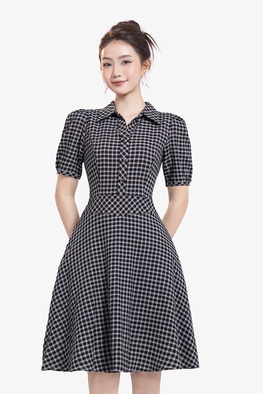 Đầm ngắn xòe caro đen cổ sơ mi KK178-23