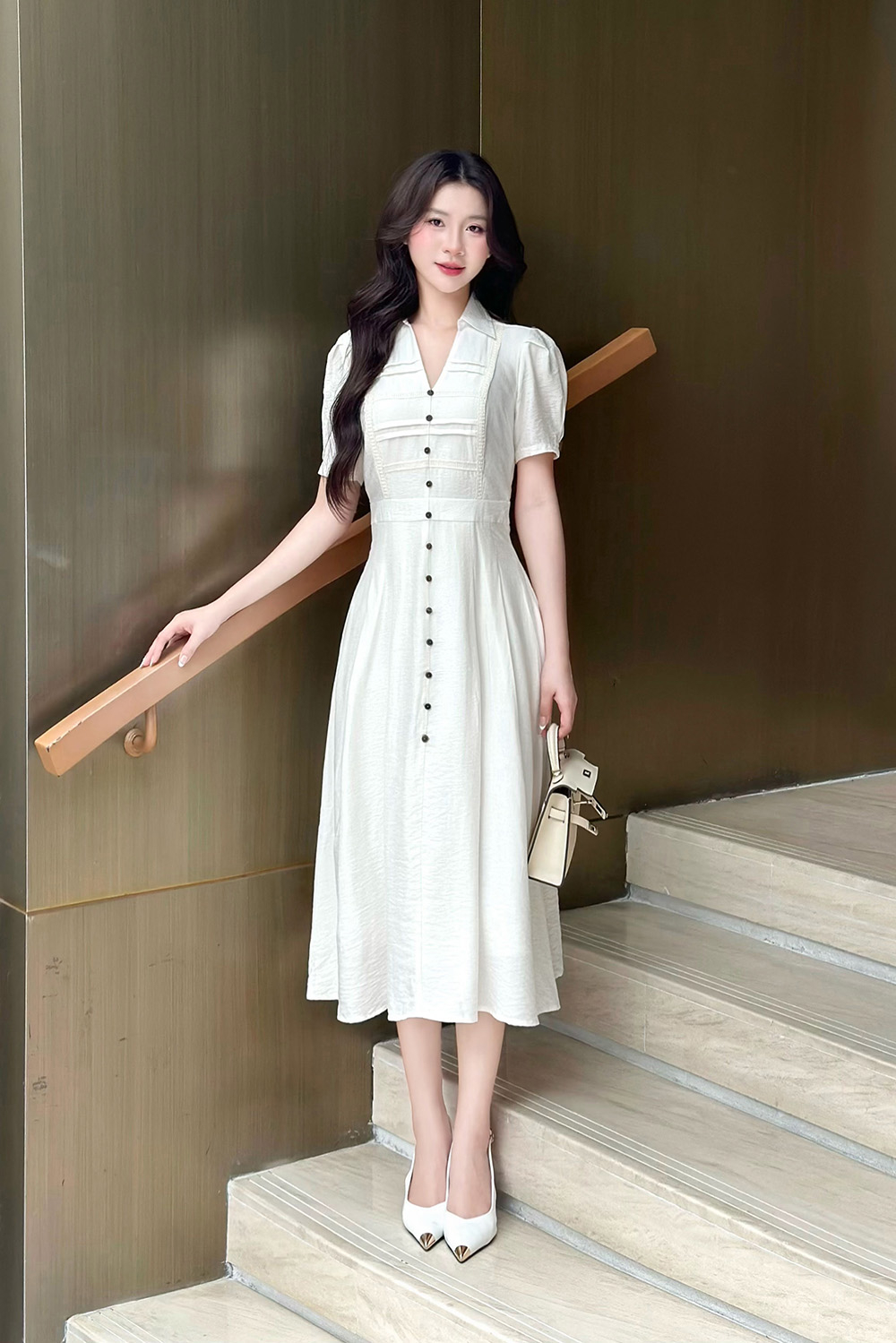dam-trang-co-so-mi-dang-xoe-kk177-05 Đầm trắng cổ sơ mi dáng xòe KK177-05