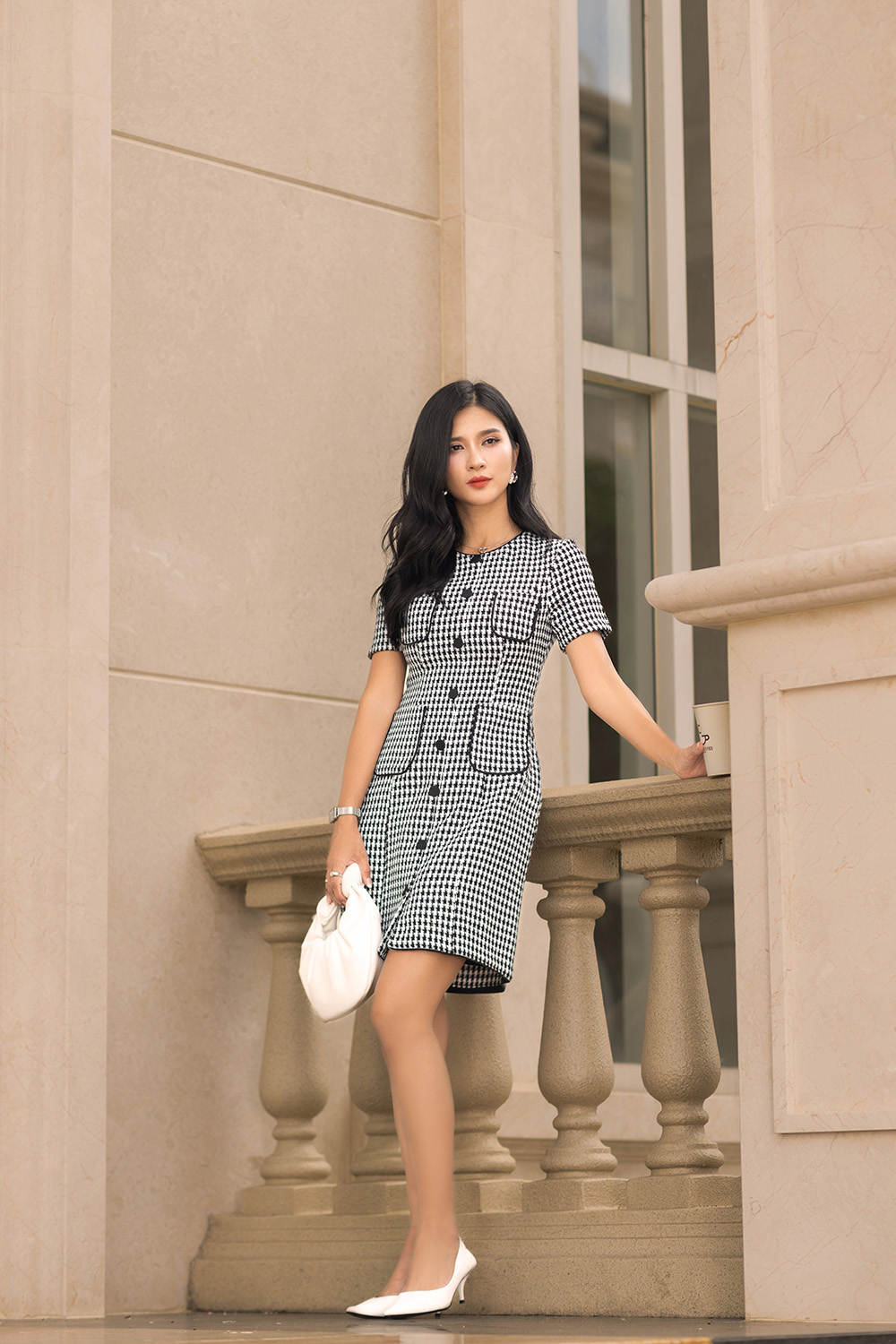 Đầm tweed dáng chữ A phối túi KK181-16