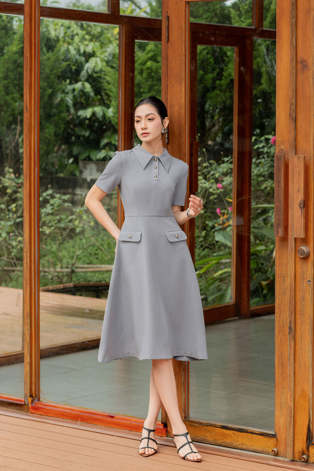 dam-xoe-cong-so-co-sen-phoi-nut-kk178-35 Đầm xòe công sở cổ sen phối nút KK178-35