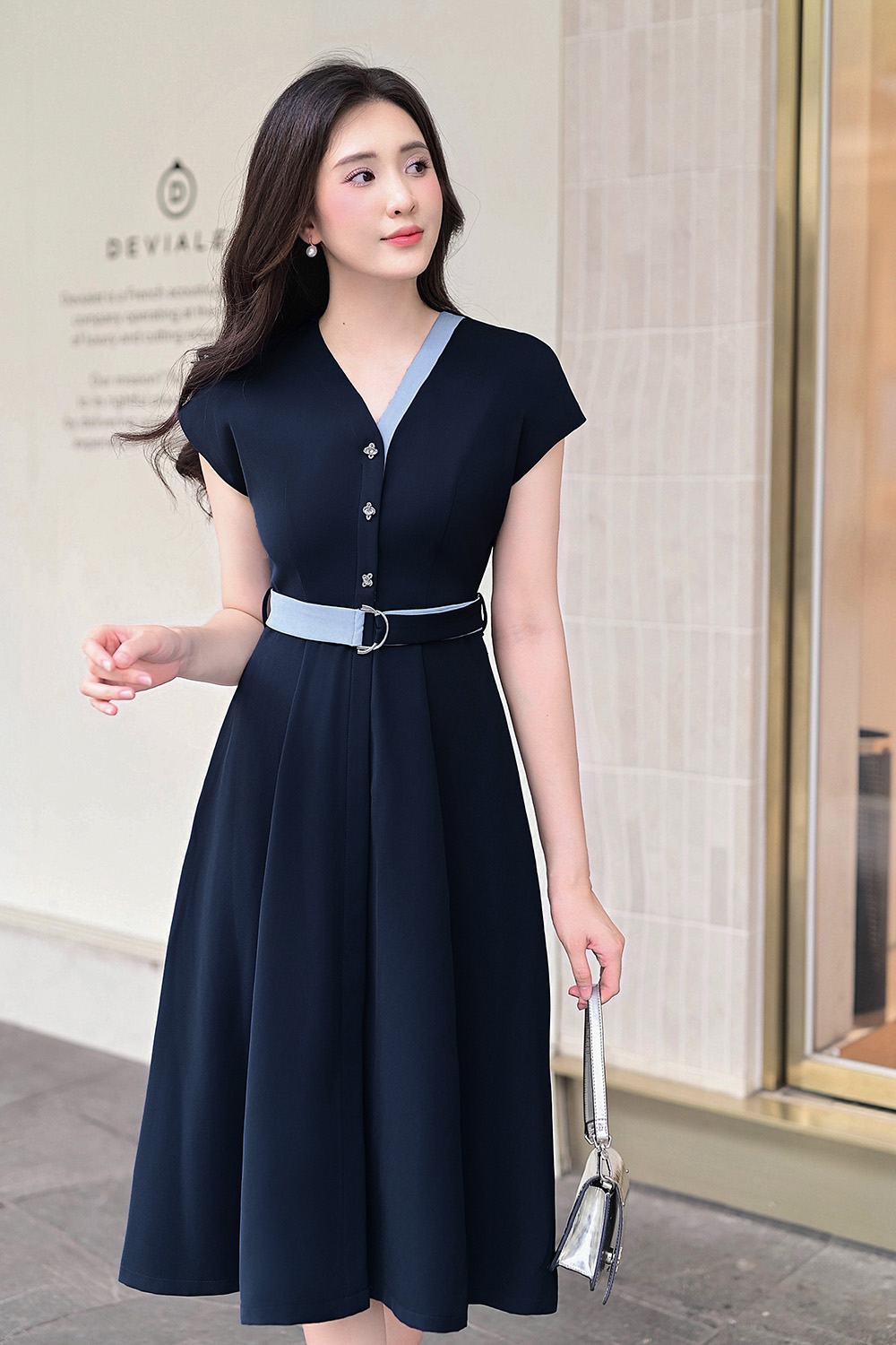 dam-xoe-cong-so-co-v-tay-chom-phoi-mau-kk178-10 Đầm xòe công sở cổ V phối màu KK178-10
