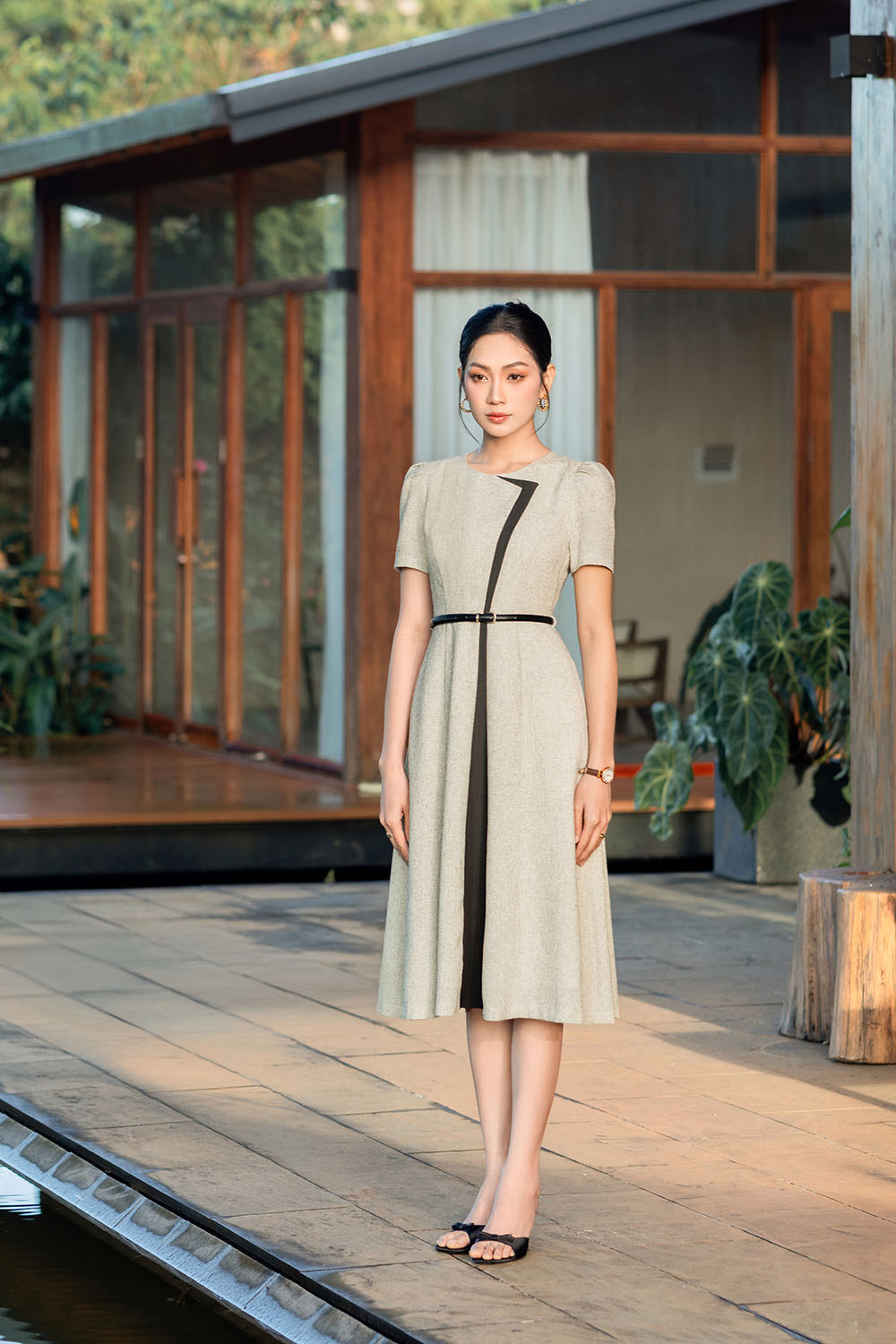 Đầm xòe công sở phối màu xám đen KK178-30