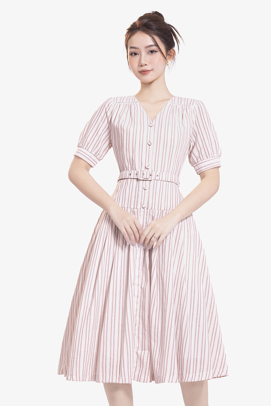 Đầm xòe cotton kẻ sọc phối thắt lưng KK178-26