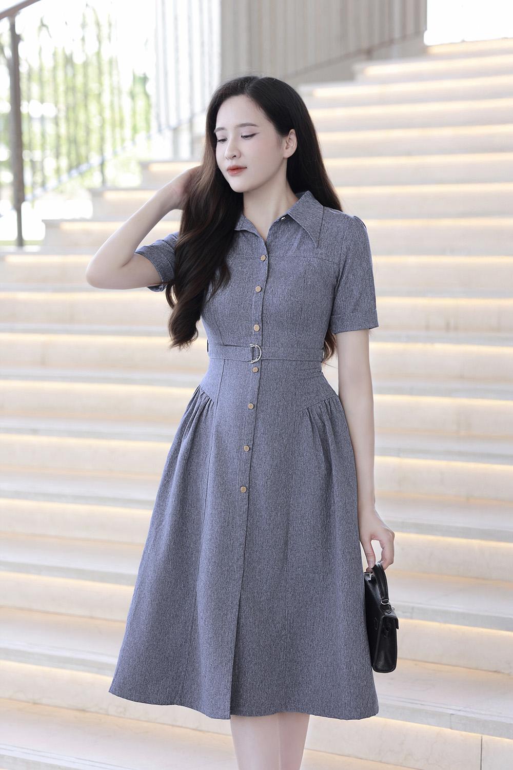 Đầm xòe sơ mi công sở kèm đai eo KK179-04