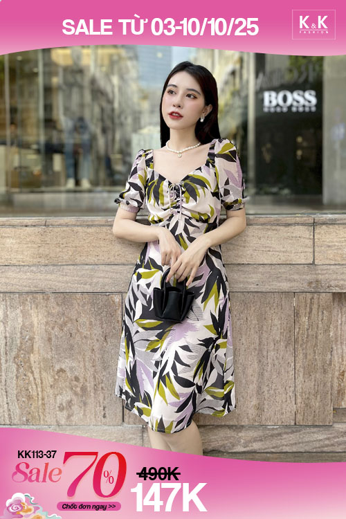 kk113-37 Giảm giá đầm họa tiết công sở