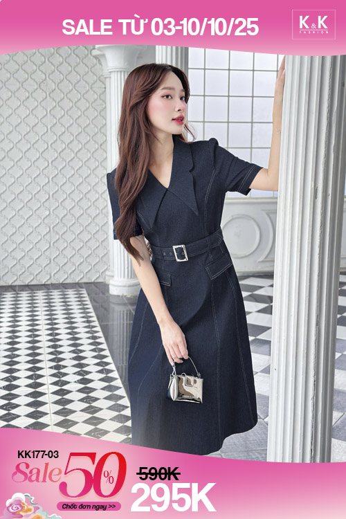 kk177-03 Đầm denim dáng xòe kèm thắt lưng giảm 50%