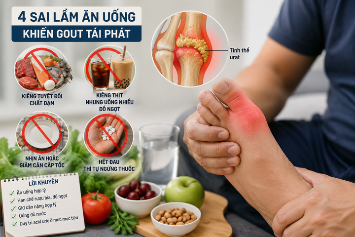 Nhiều người kiêng chất đạm tuyệt đối vẫn tái phát gout do mắc 4 sai lầm trong ăn uống.