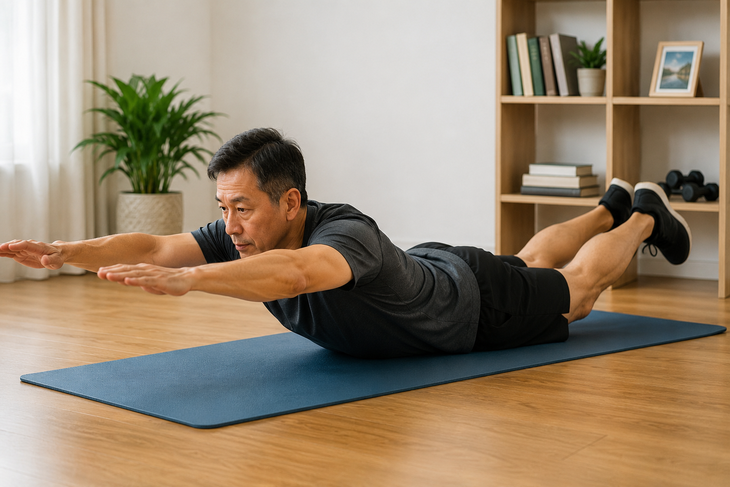Duỗi thân trên nằm sấp giúp tăng cường sức mạnh cơ lưng. Ảnh: AI.