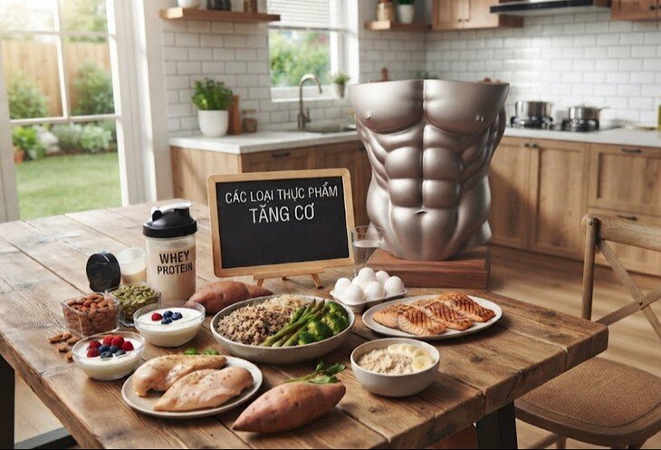 Tăng cơ bắp là quá trình cần sự kết hợp giữa dinh dưỡng hợp lý, tập luyện đều đặn và nghỉ ngơi đầy đủ. Ảnh minh họa AI.