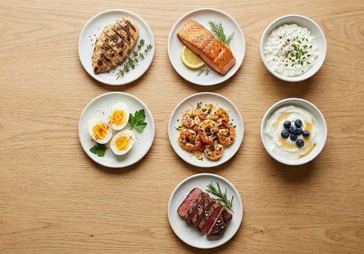 Chia đều protein trong ngày giúp cơ thể có nguồn nguyên liệu ổn định để duy trì cơ bắp, hỗ trợ cảm giác no và xây dựng chế độ ăn hợp lý hơn, thay vì dồn phần lớn protein vào một bữa tối. Ảnh: Calorie Cue