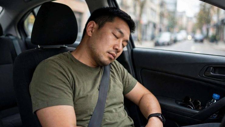 1789095383-2ede40da5f-man_sleeping_car_2-1637-width740height417 Trước khi đột quỵ, người bệnh ngủ trên ô tô trong một chặng đường dài, đầu và cổ duy trì ở tư thế lệch, gập trong thời gian kéo dài. Ảnh minh hoạ AI