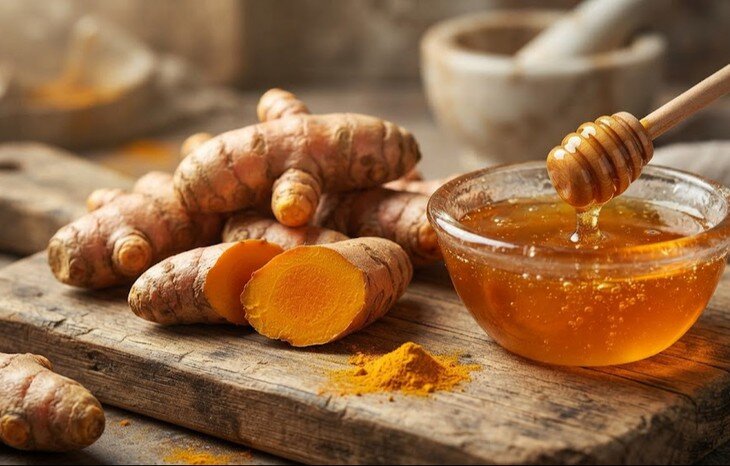 Nghệ và mật ong là hai nguyên liệu có thể sử dụng để hỗ trợ làm mờ nám. Ảnh minh họa AI