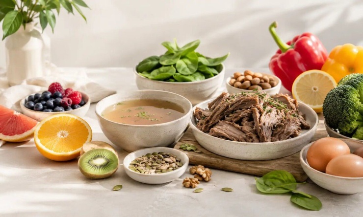 1789706445-38088d5688-food-high-in-collagen-1-5290-9370-2131-width740height444 Phụ nữ tuổi 40 nên ưu tiên bổ sung collagen từ chế độ ăn giàu protein như cá, trứng, thịt nạc, đậu và thực phẩm giàu vitamin C, thay vì phụ thuộc hoàn toàn vào viên uống hay sản phẩm bổ sung. Ảnh: Pura NZ