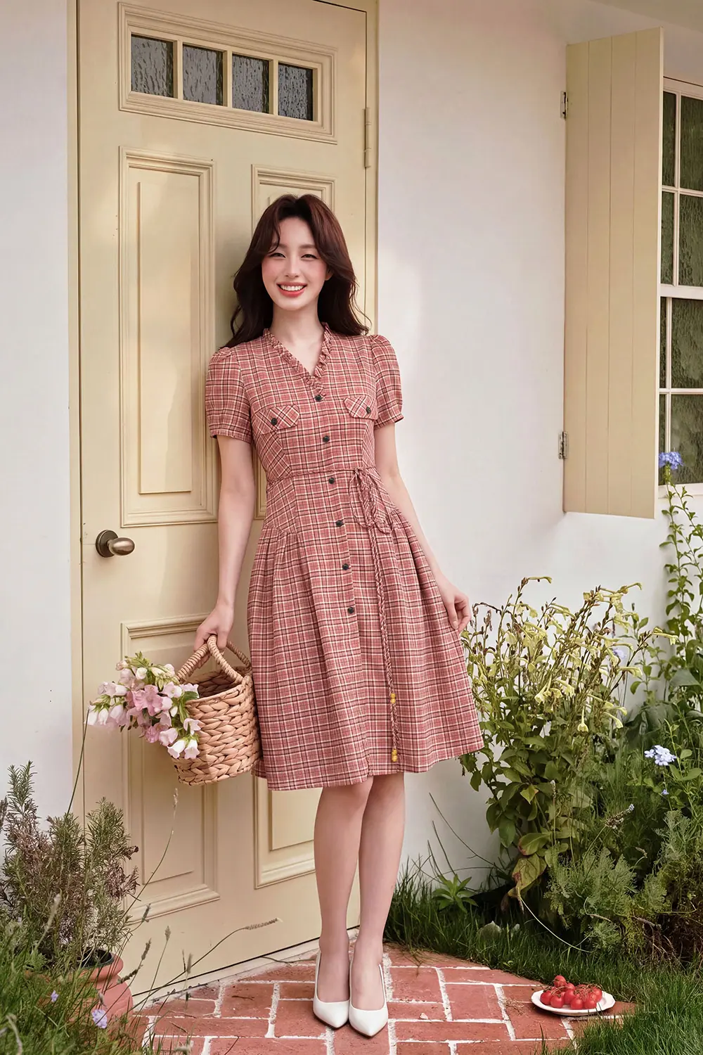 dam-caro-vintage-dang-xoe-co-vien-beo-hl35-02 Đầm caro vintage dáng xòe cổ viền bèo HL35-02