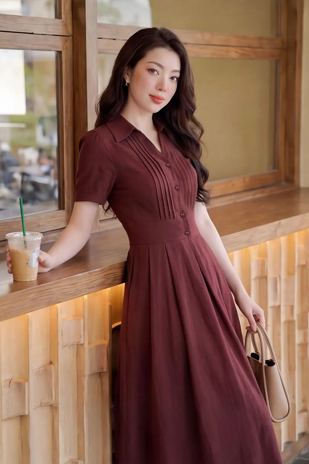 dam-cong-so-mau-do-dang-xoe-co-so-mi-kk189-34 Đầm công sở màu đỏ dáng xòe cổ sơ mi KK189-34