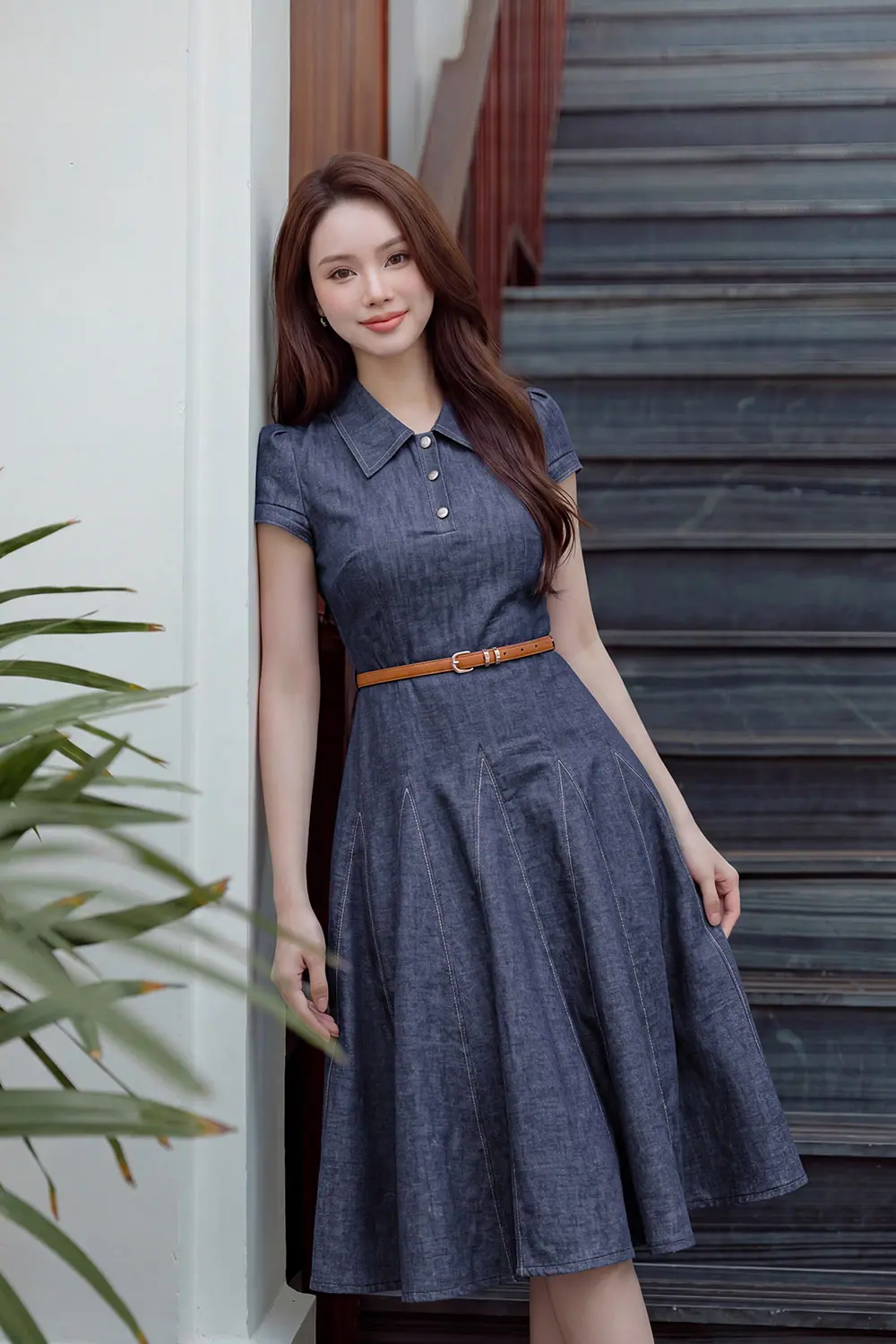 dam-denim-dang-xoe-vien-chi-kk187-26 Đầm denim dáng xòe viền chỉ KK187-26