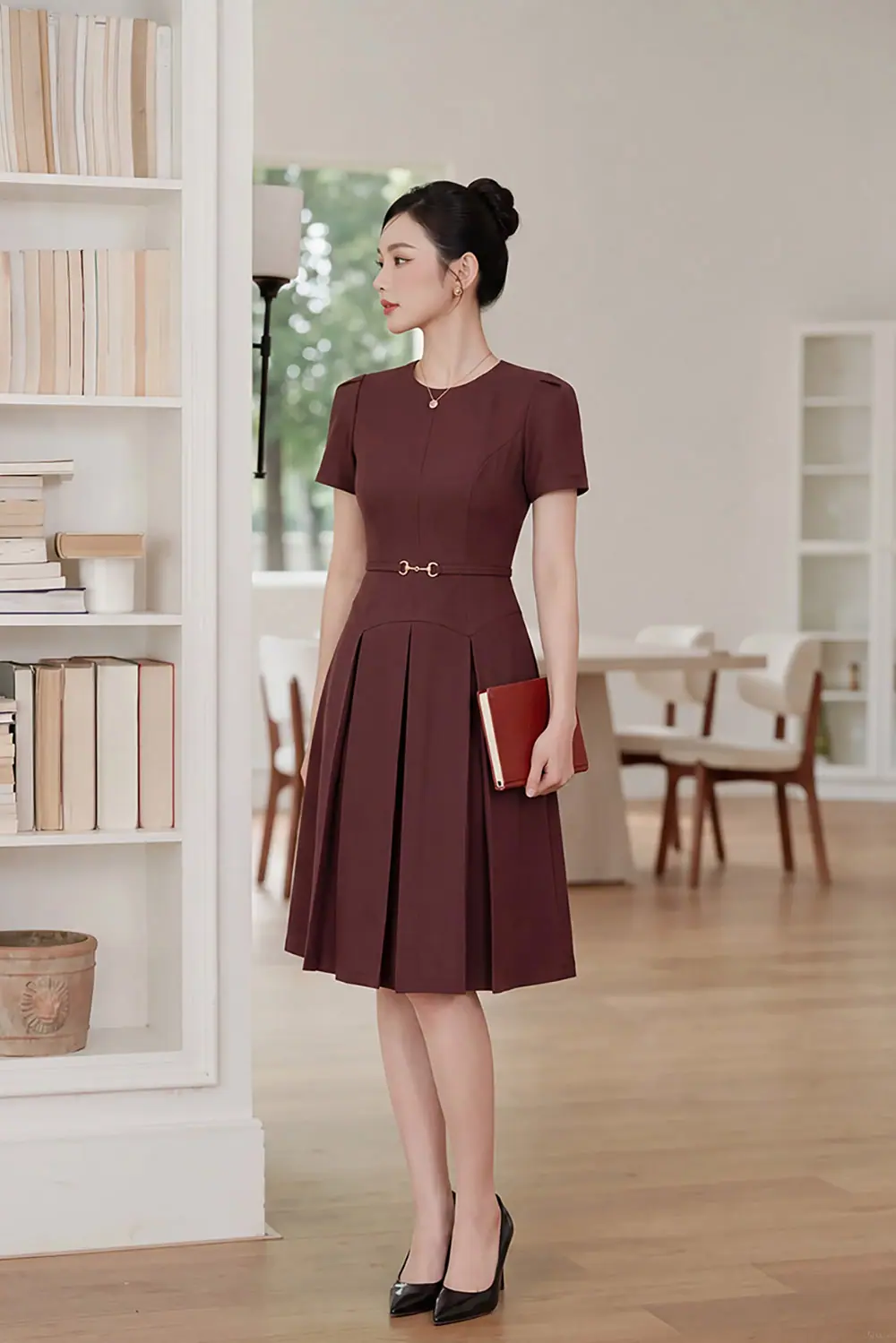 dam-do-dang-xoe-xep-ly-phoi-that-lung-kk189-30 Đầm đỏ dáng xòe xếp ly phối thắt lưng KK189-30