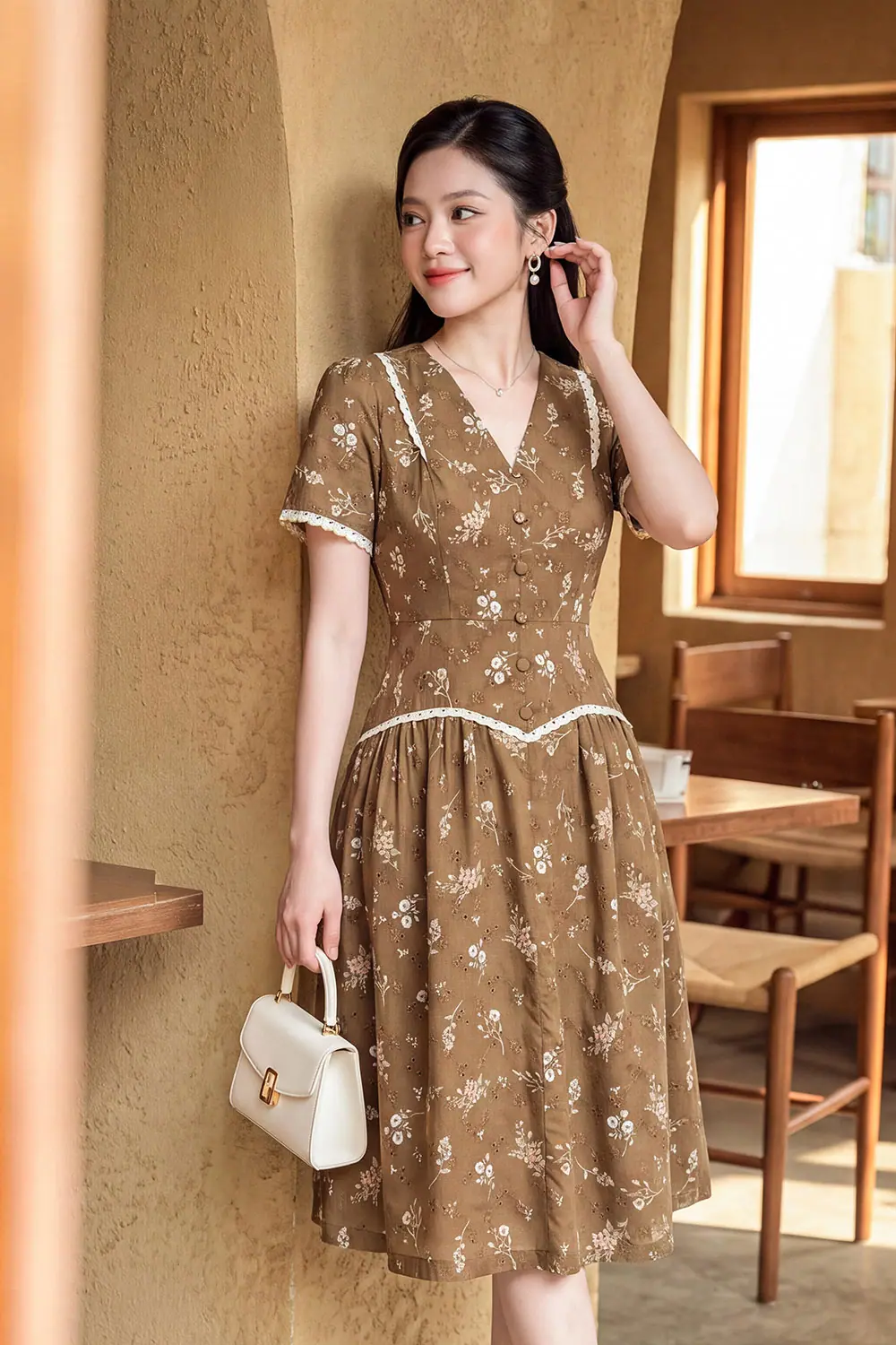 dam-hoa-xo-theu-nau-phoi-ren-kk189-09 Đầm hoa xô thêu nâu phối ren KK189-09