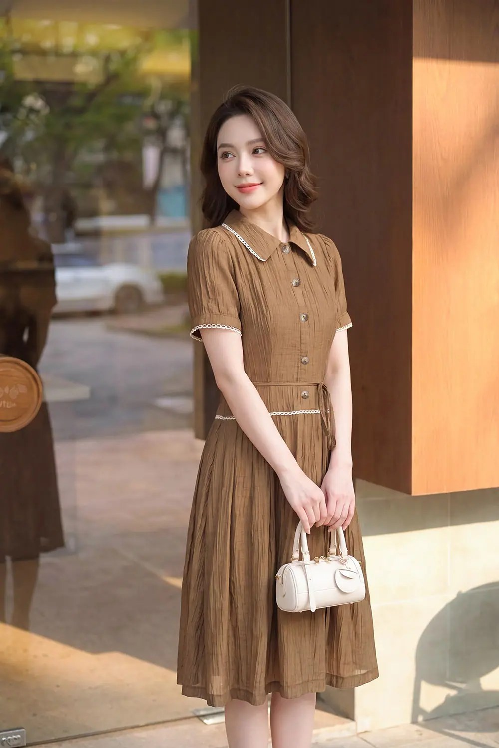dam-nau-to-co-sen-vien-ren-dang-xoe-kk189-27 Đầm nâu tơ cổ sen viền ren dáng xòe KK189-07