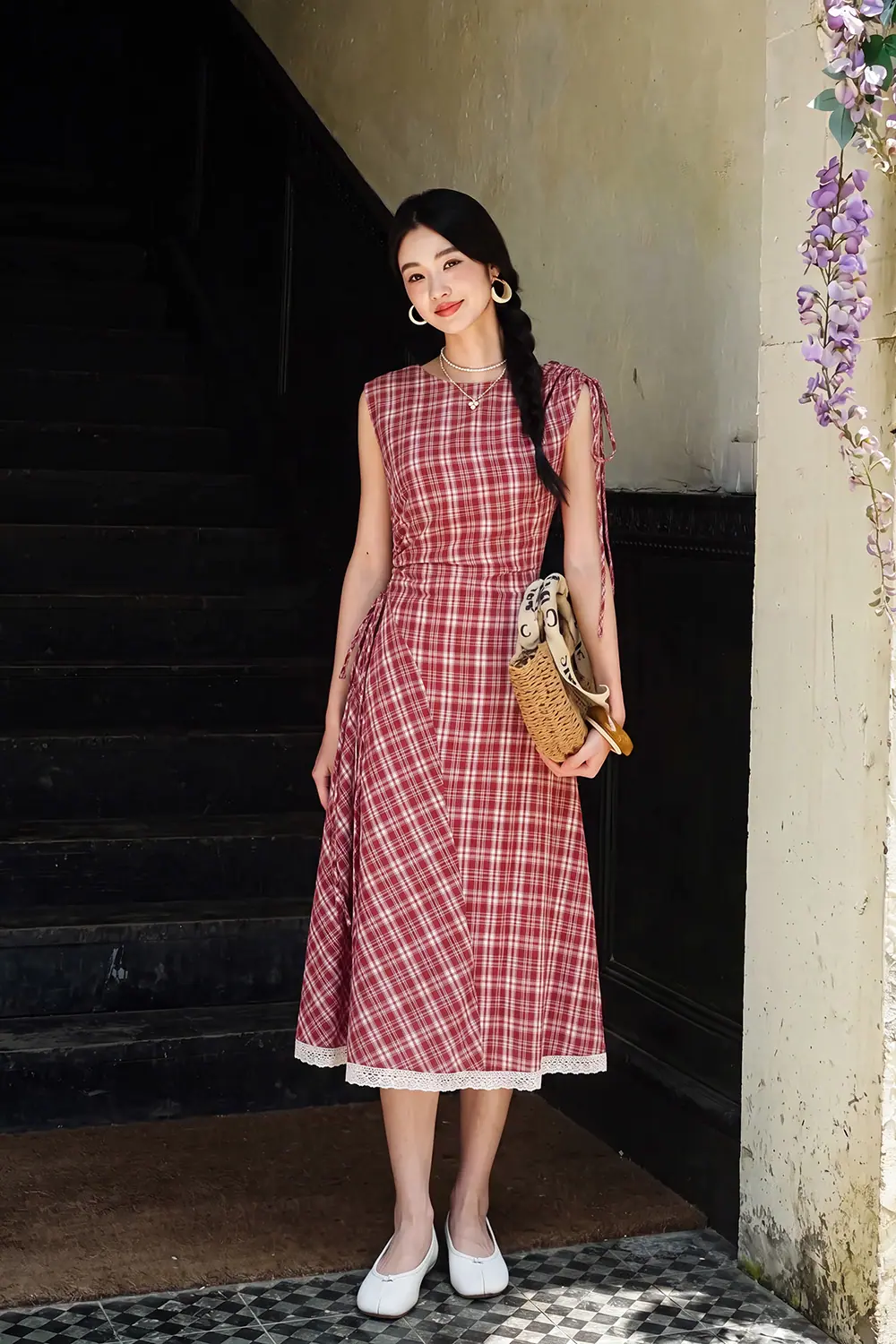 dam-xoe-caro-do-linen-phoi-ren-kk189-22 Đầm xòe caro đỏ linen phối ren KK189-22