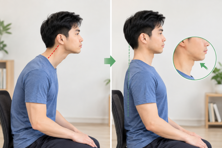 1790236381-55bc7ca99a-cai-thien-tu-the-67454-width740height494 Động tác thu cằm giúp đưa đầu về vị trí trung tính, cải thiện tư thế cổ rùa.. Ảnh: AI.