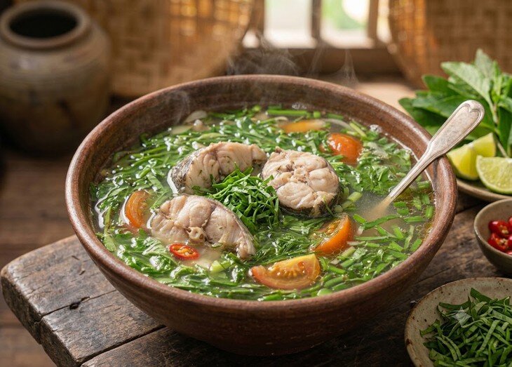 Canh cá nấu với lá xương sông giúp khử tanh và hỗ trợ tiêu hóa. 