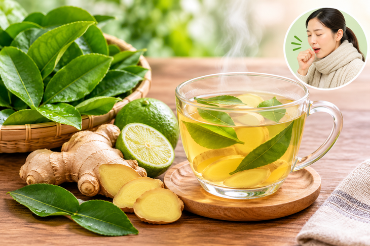 Nước sắc lá chanh tươi, gừng tươi giúp làm ấm phế quản, giảm ho. Ảnh AI.