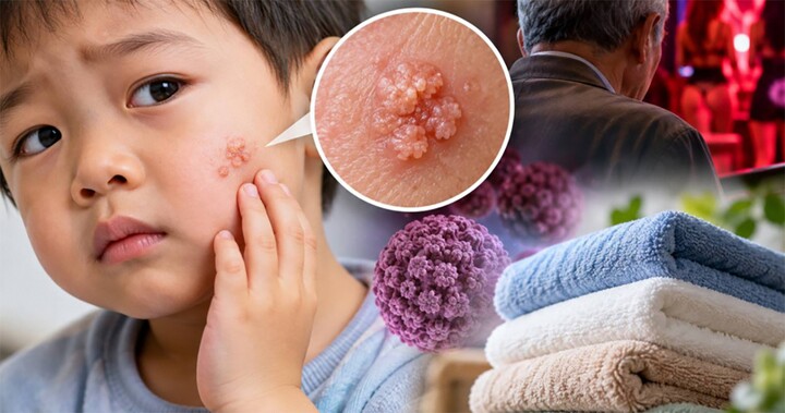 Bé trai 3 - 4 tuổi bị nổi mụn sùi mào gà trên mặt, có khả năng liên quan đến thói quen dùng chung khăn tắm trong gia đình. (Ảnh minh họa do AI tạo ra)