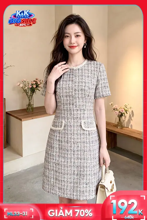Đầm tweed dáng chữ a cổ tròn