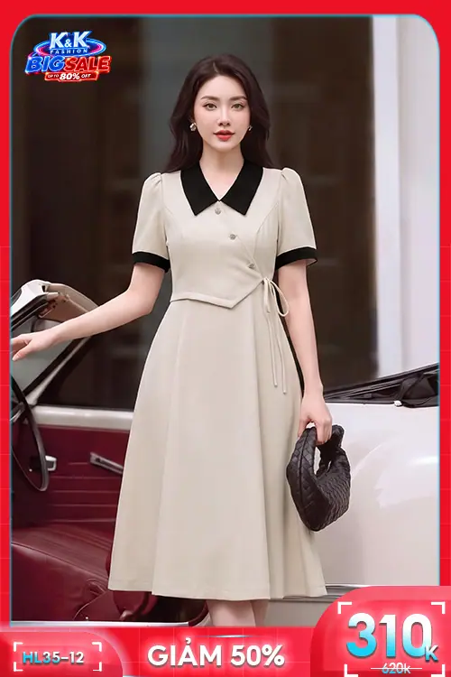 Đầm công sở dáng xòe màu kem