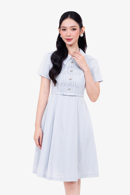 Đầm công sở chữ A cổ sen xếp ly ngực