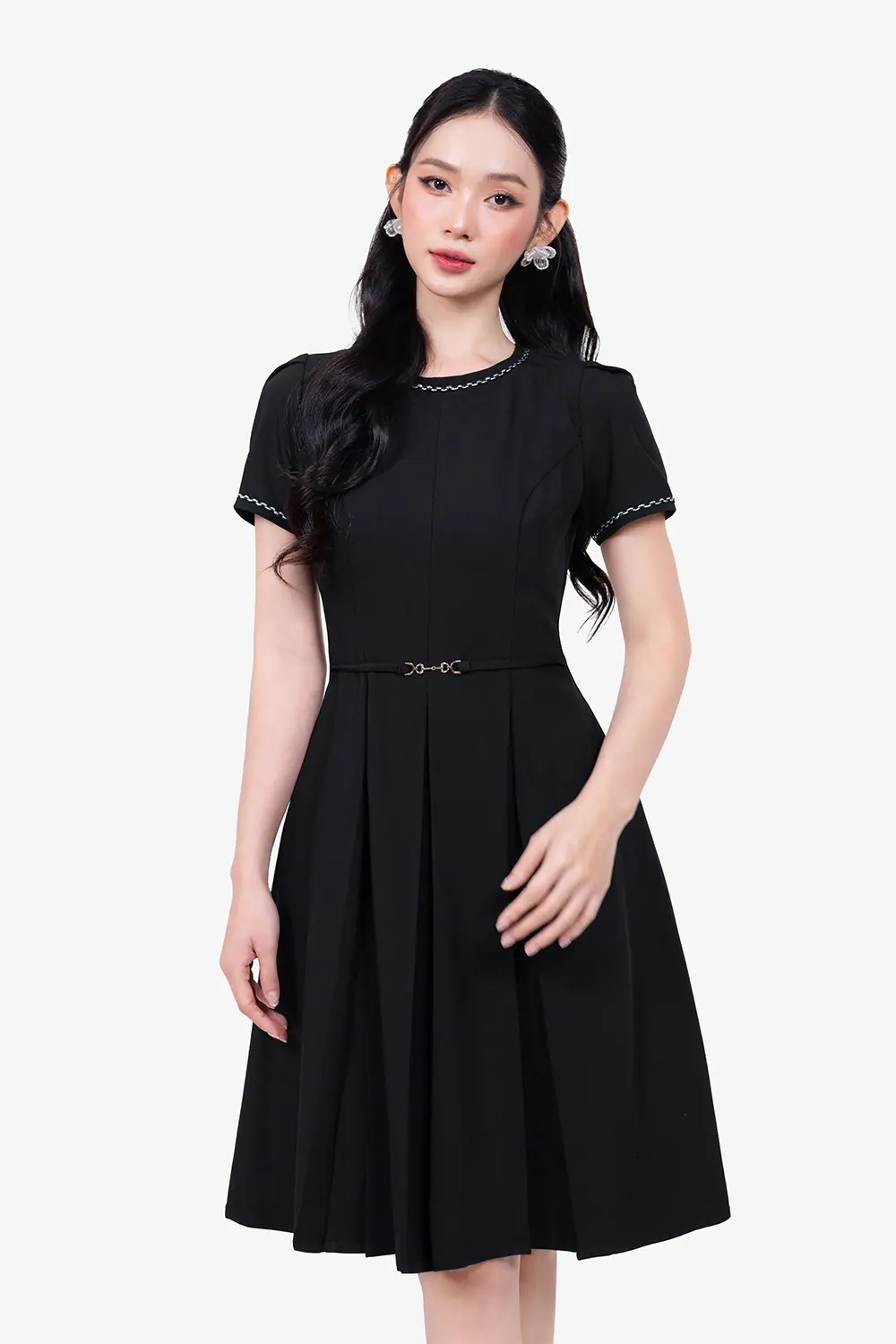 dam-cong-so-dang-xoe-xep-ly-vien-dang-ten-kk190-36 Đầm công sở dáng xòe xếp ly viền đăng ten