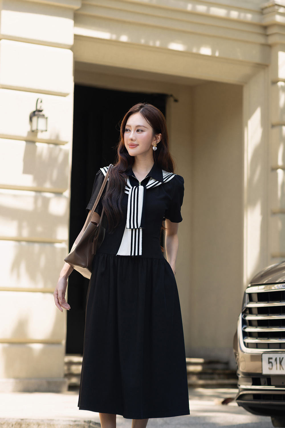 Đầm công sở nữ cổ bẻ phối khóa kéo đồng KK190-19