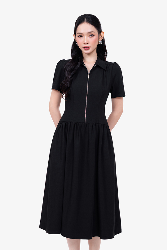 dam-cong-so-nu-co-be-phoi-khoa-keo-dong-kk190-19 Đầm công sở nữ cổ bẻ phối khóa kéo đồng