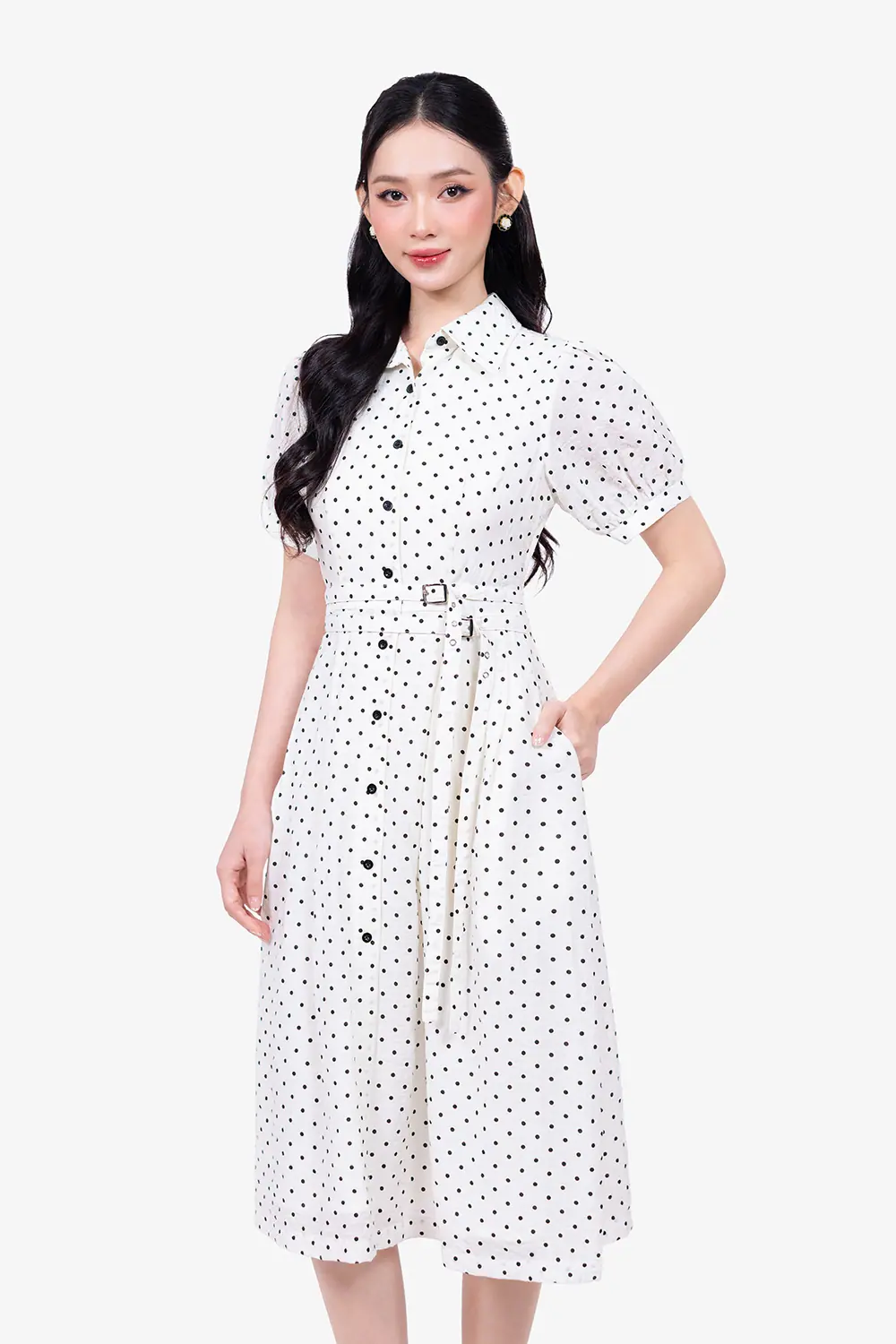 dam-trang-cham-bi-dang-xoe-nhan-eo-kk190-22 Đầm trắng chấm bi dáng xòe nhấn eo
