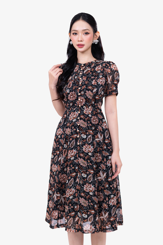 dam-voan-xoe-nen-den-hoa-tiet-phoi-nut-kk190-07 Đầm voan xòe nền đen họa tiết phối nút