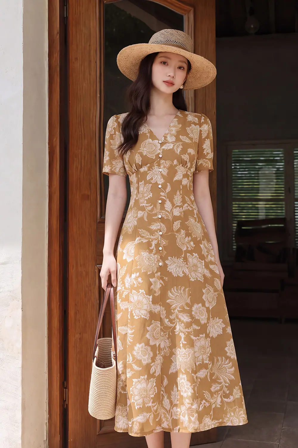 dam-xoe-chu-a-hoa-tiet-hoa-co-v-phoi-nut-kk188-28 Đầm xòe chữ A họa tiết hoa cổ V phối nút