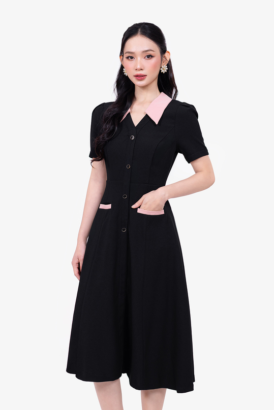 dam-xoe-den-cong-so-phoi-hong-kk179-09 Đầm xòe đen công sở phối hồng