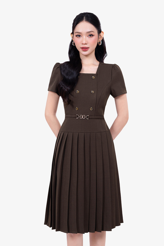dam-xoe-xep-ly-cong-so-phoi-nut-kk190-30 Đầm xòe xếp ly công sở phối nút
