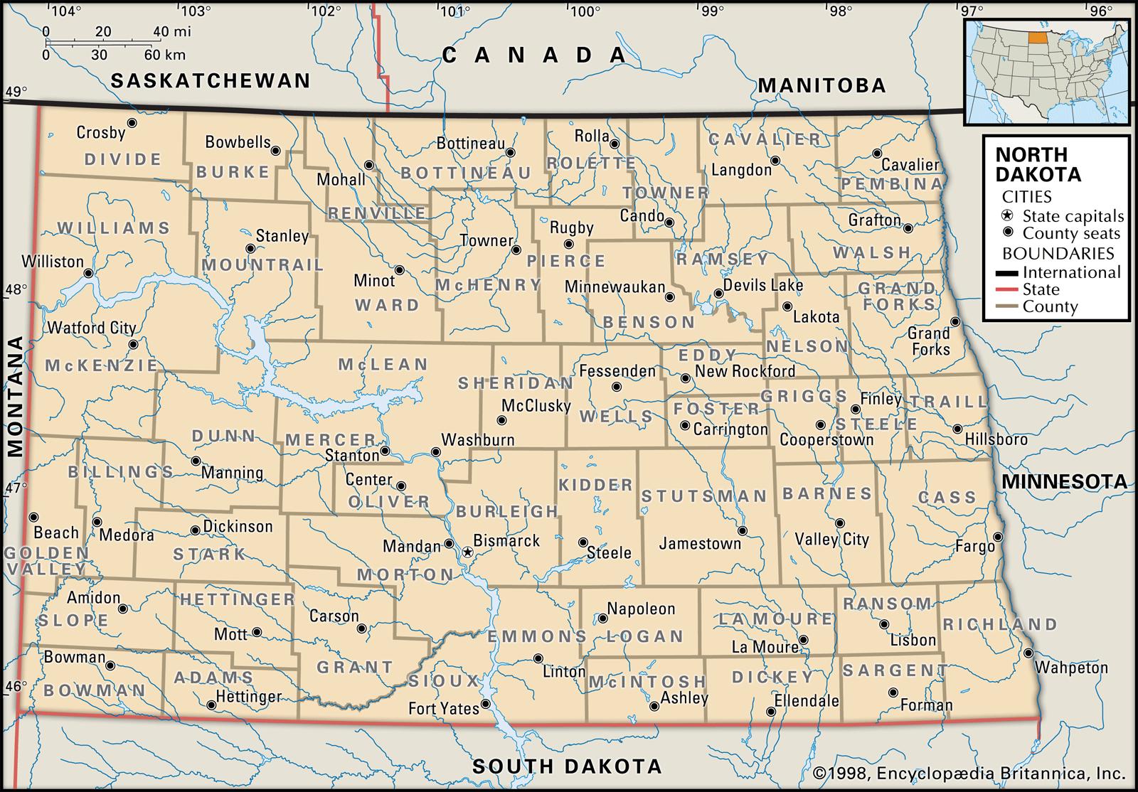 Bản đồ của bang North Dakota