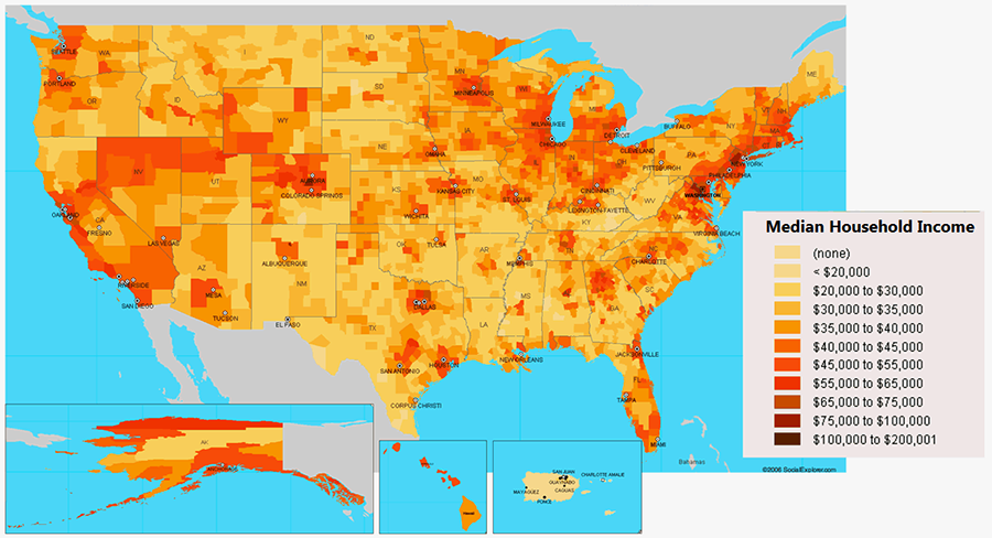Bản đồ thu nhập trung bình tại các khu vực ở Mỹ