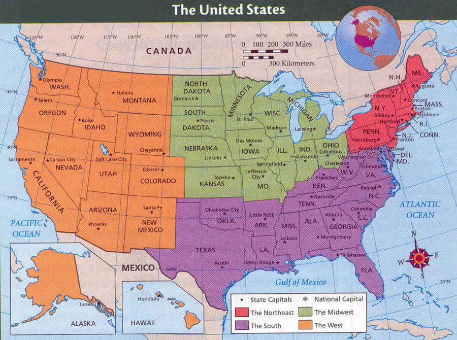 Bản đồ nước Mỹ phân chia theo vùng địa lý