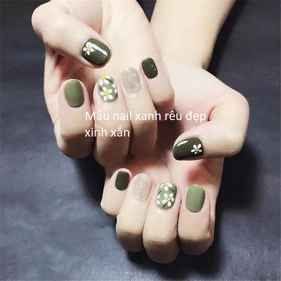 mẫu nail xanh rêu đẹp xinh