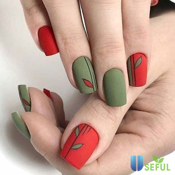 Green and red matte leaf nail art 2019