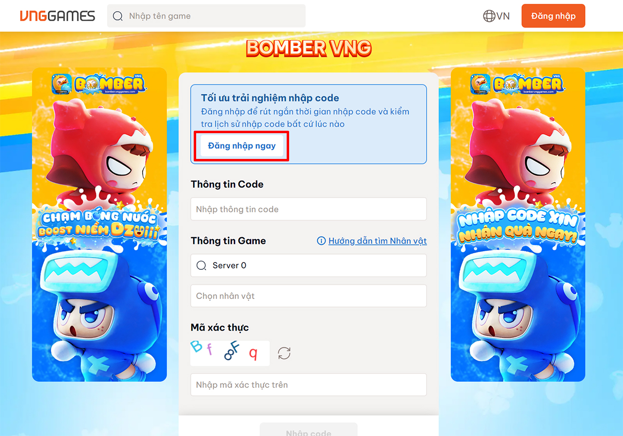 cách nhập code Bomber VNG