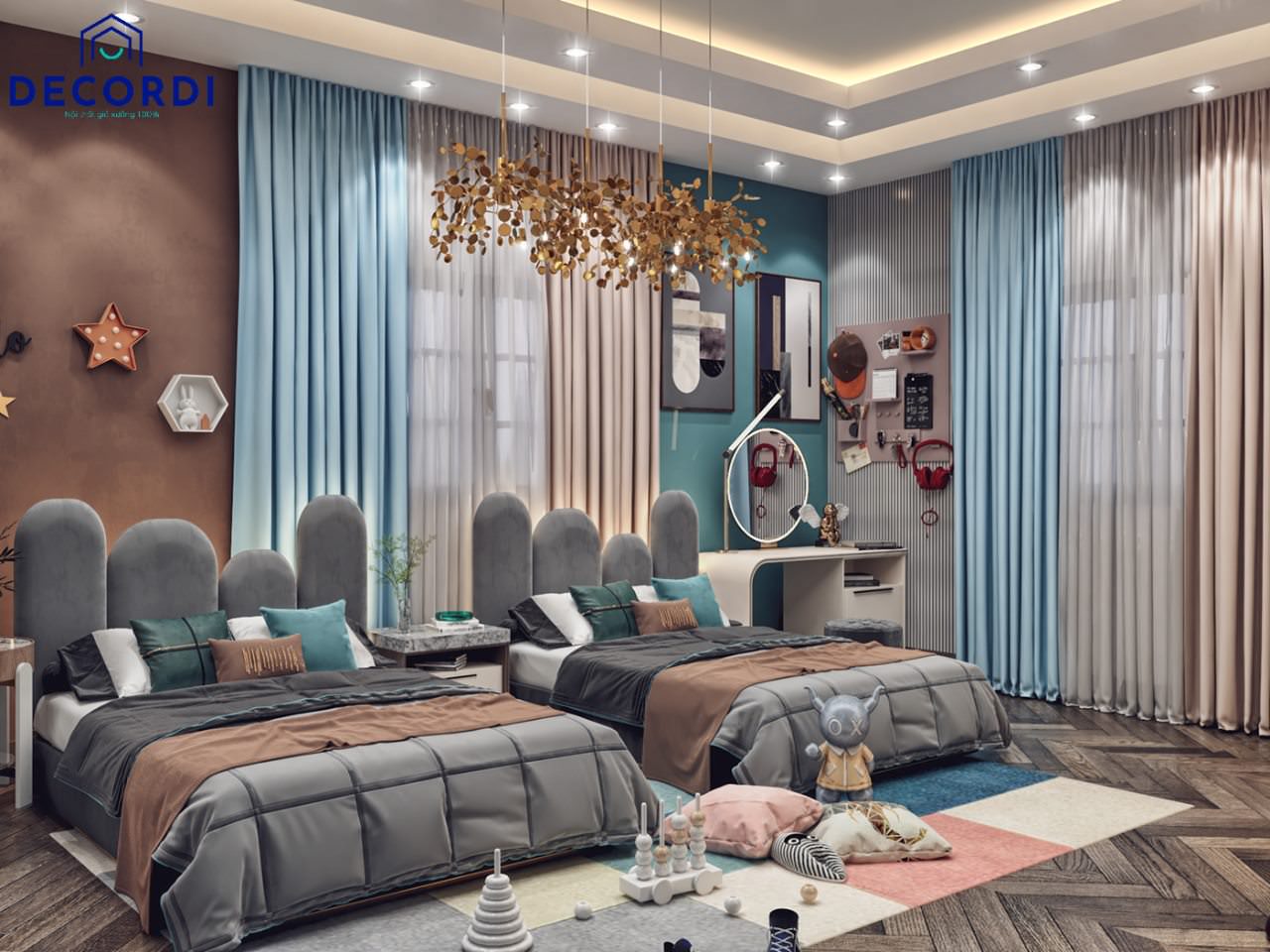 Thiết kế phòng ngủ 30m2 cho bé trai với bộ giường đôi màu tối đẹp mắt