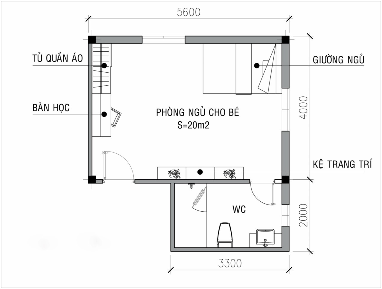 Mặt bằng bố trí phòng ngủ chữ L 