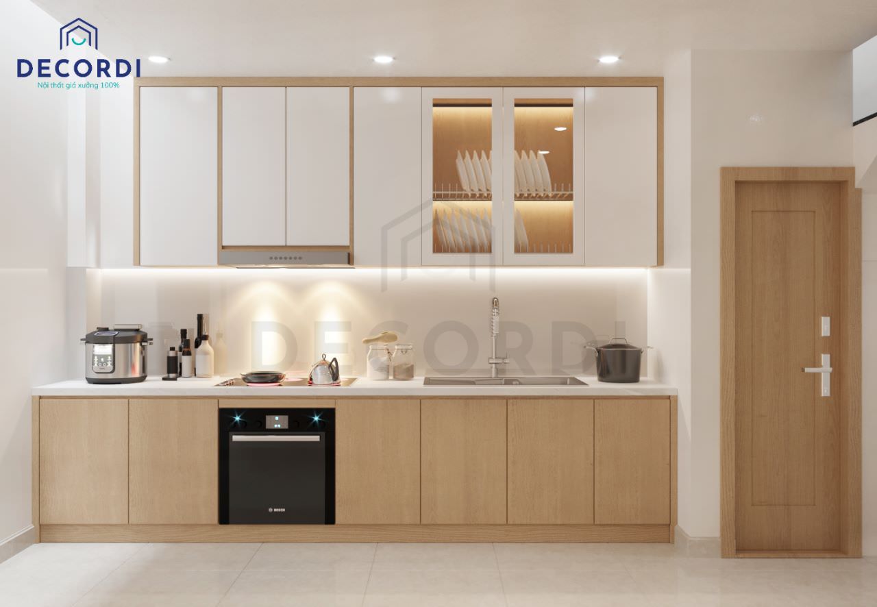 Mẫu tủ bếp MDF phủ Melamine sang trọng với tông màu gỗ